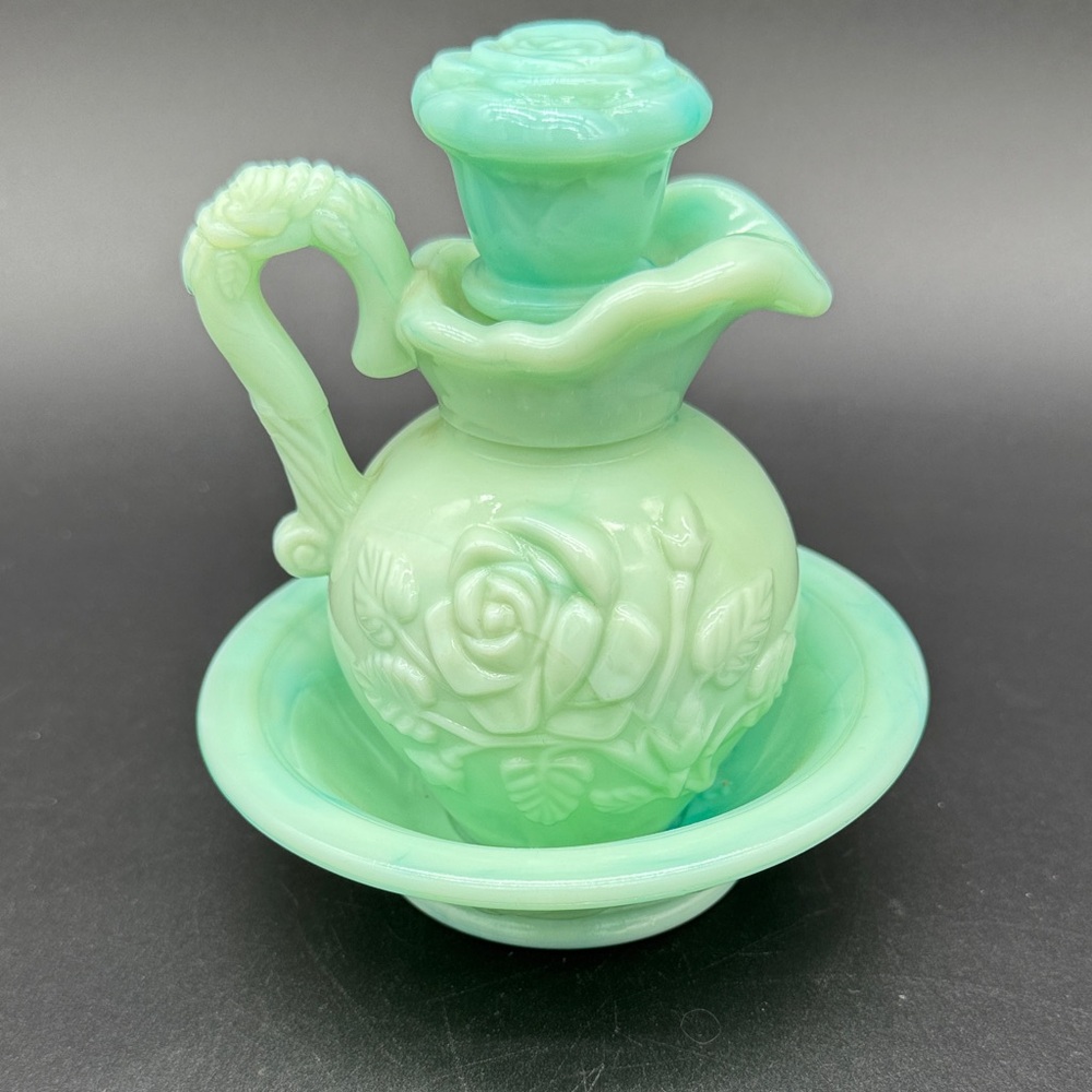 Avon Green Slag Glass Set of Pitcher & Basin Bowl Bath Empty Vintage